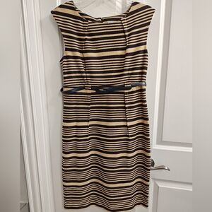 Dressy Tan & Green Stripe dress  green belt by Shelby & Palmer, Size 10.